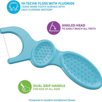 Blue dental floss pick with an angled head and dual grip handle for easy oral hygiene.