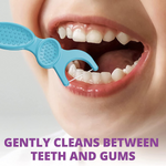 A blue dental floss pick cleaning between teeth and gums for oral hygiene.