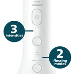 Philips Sonicare electric toothbrush featuring 3 intensity settings and 2 flossing modes.