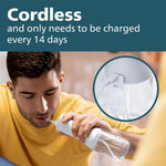 Man using a cordless water flosser for oral hygiene with long-lasting battery life.