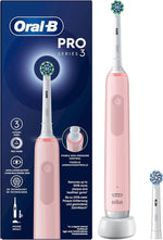 Oral-B Pro Series 3 pink electric toothbrush with pressure control and replacement brush head.