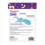 Back of Plackers Kids Dual Gripz dental floss picks packaging with usage directions.
