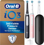 Oral-B iO3 electric toothbrush set with pressure sensor, travel case, and charging base.