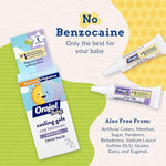 Orajel Baby drug-free cooling gels for teething infants, benzocaine-free oral care product.