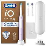 Oral-B iO Series 4 electric toothbrush set with charging base and travel case.
