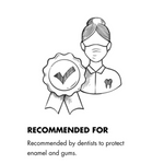Line drawing of a dentist with a quality seal icon for oral hygiene and gum protection.