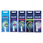 Five varieties of Oral-B replacement toothbrush heads for oral hygiene care.