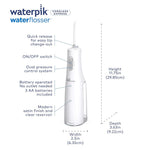 Waterpik Cordless Express water flosser with dimensions and key features.