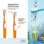 Orange toothbrush with an adjustable neck and easy-grip handle for oral hygiene.