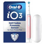 Oral-B iO3 electric toothbrush in pink with a 360 visible pressure sensor and charging case.