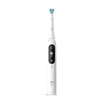 White Oral-B electric toothbrush with a blue patterned brush head on a white background.