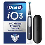 Oral-B iO3 electric toothbrush with pressure sensor and black charging travel case.