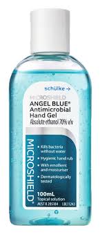 Schülke Microshield Angel Blue antimicrobial hand gel, 100ml bottle with 70% ethanol.