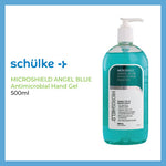 Schülke Microshield Angel Blue antimicrobial hand gel 500ml in a clear pump bottle.