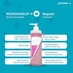 Comparison chart between Microshield 4 surgical handwash and regular handwash benefits.
