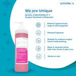Schülke Microshield 4 surgical handwash and bodywash bottle with product benefits list.