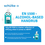 Schülke Angel Protect antibacterial hand rub bottle explaining EN 1500 efficacy standards.