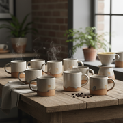 Artisanal ceramic mugs arranged on a textured wooden table, bathed in soft light.