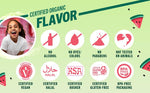 Infographic showing certified organic flavor features like vegan, halal, and gluten-free icons.