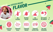 Infographic showing certified organic flavor features like vegan, halal, and gluten-free icons.