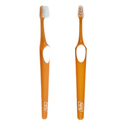 Two orange TePe toothbrushes showing the front and back views on a white background.
