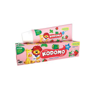 Kodomo strawberry flavored children's toothpaste tube and packaging box.