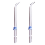 Two clear plastic water flosser replacement tips with blue connectors.