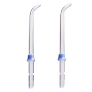 Two clear plastic water flosser replacement tips with blue connectors.