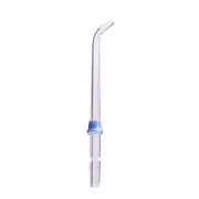 Clear replacement water flosser tip with blue connector for oral hygiene.