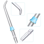 Clear glass oral hygiene dropper with a blue silicone grip and curved tip.