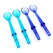 Four colorful blue and teal oral hygiene water flosser replacement tips.