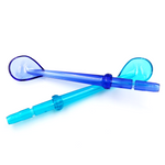 Two blue plastic oral hygiene tools for dental cleaning.