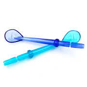Two blue plastic oral hygiene tools for dental cleaning.
