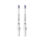 Two Philips Sonicare F3 replacement toothbrush heads with purple bristles.