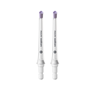 Two Philips Sonicare F3 replacement toothbrush heads with purple bristles.