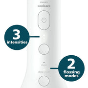 Philips Sonicare electric toothbrush featuring 3 intensity settings and 2 flossing modes.