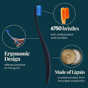 Black ergonomic toothbrush with 6750 soft antibacterial bristles made of lignin.