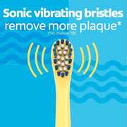 Yellow electric toothbrush head with sonic vibrating bristles for plaque removal.