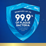 Blue shield graphic stating it removes up to 99.9% of plaque bacteria causing gingivitis.