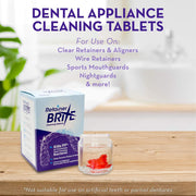 Dental appliance cleaning tablets for retainers, aligners, and mouthguards in a glass jar.