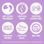 Set of product certification icons including cruelty-free, vegan, gluten-free, kosher, and halal.