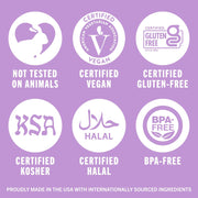 Set of product certification icons including cruelty-free, vegan, gluten-free, kosher, and halal.