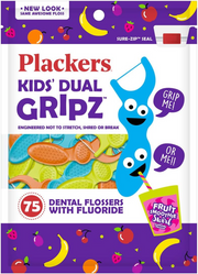 Plackers Kids' Dual Gripz dental flossers with fluoride, fruit smoothie swirl flavor.