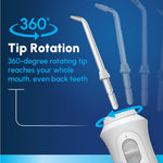 Water flosser with a 360-degree rotating tip for deep oral hygiene and cleaning back teeth.
