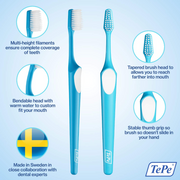 TePe blue toothbrush featuring multi-height filaments, tapered head, and bendable design.