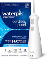 Waterpik cordless pearl water flosser with 4 tips and precisionpulse technology.