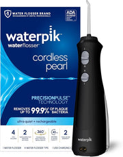 Waterpik cordless pearl water flosser with four tips and precisionpulse technology.