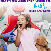 Young girl sitting in a red dental chair during a checkup for healthy teeth and gums.