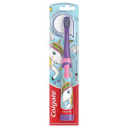 Colgate unicorn themed electric toothbrush with extra soft bristles in packaging.