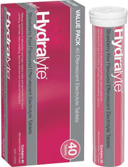 Hydralyte Strawberry Kiwi flavoured effervescent electrolyte tablets box and tube.